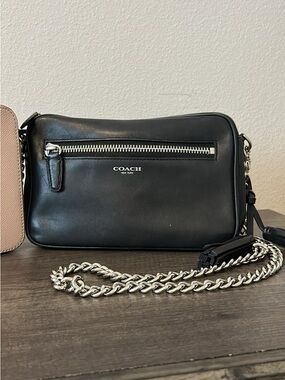 Coach Black Leather Camera Bag with Silver Chain Strap